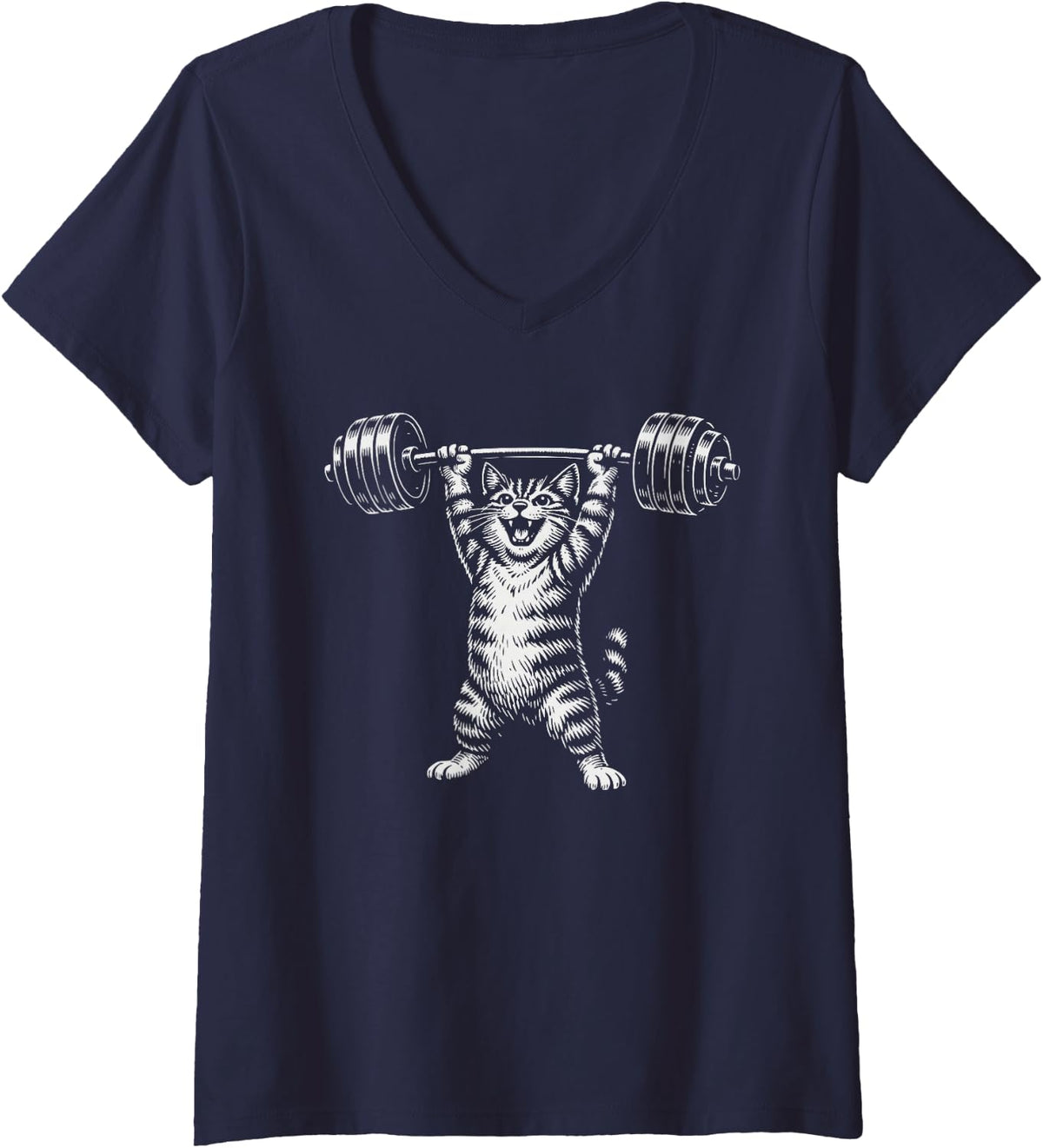 Women's Workout Gym Cat Deadlift V-Neck T-Shirt - Navy Blue