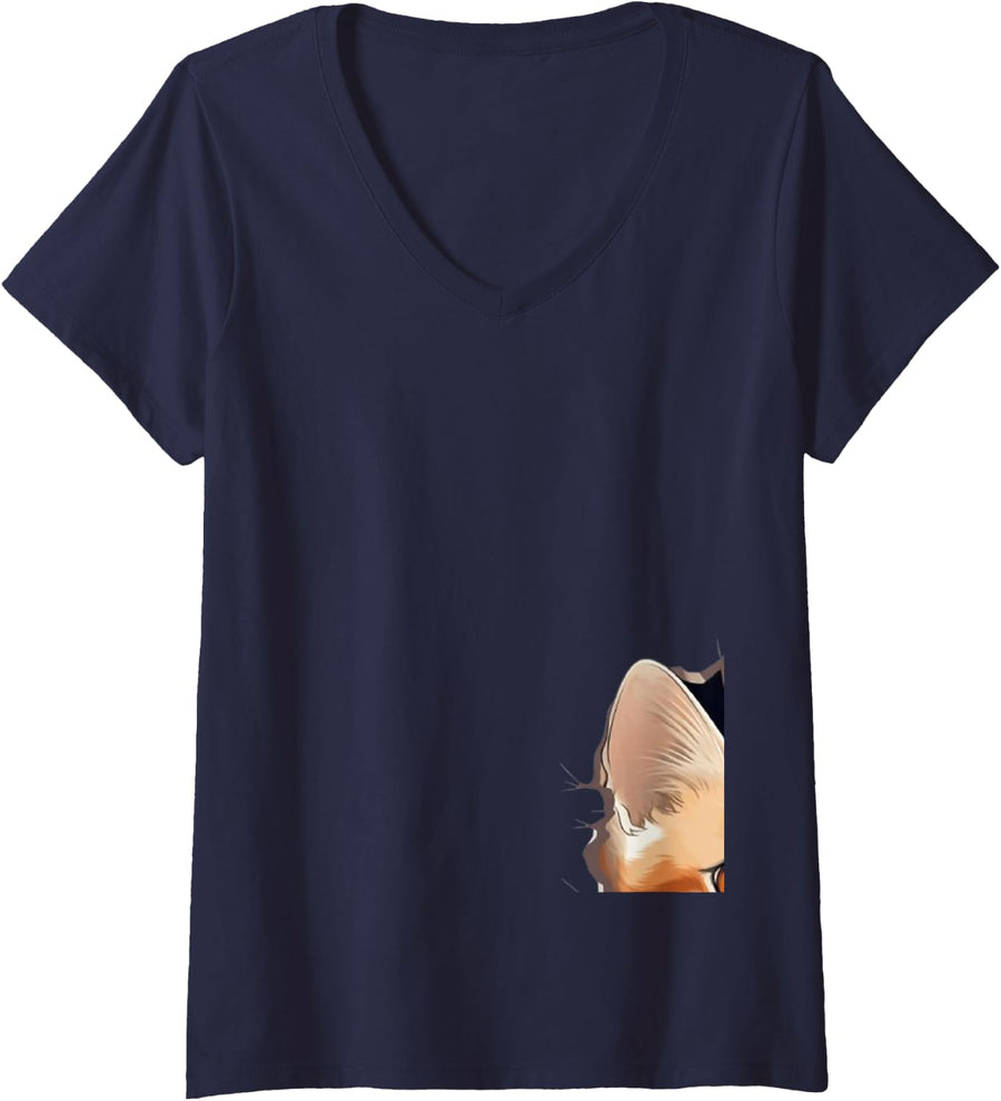 Women's Funny Peeking Cat Did Someone Say Tea Sarcastic Kitty V-Neck T-Shirt - Navy Blue