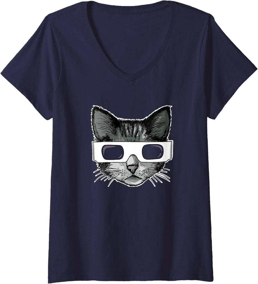Women's Cat Wearing Solar Eclipse Glasses Funny Solar Eclipse Cat V-Neck T-Shirt - Navy Blue