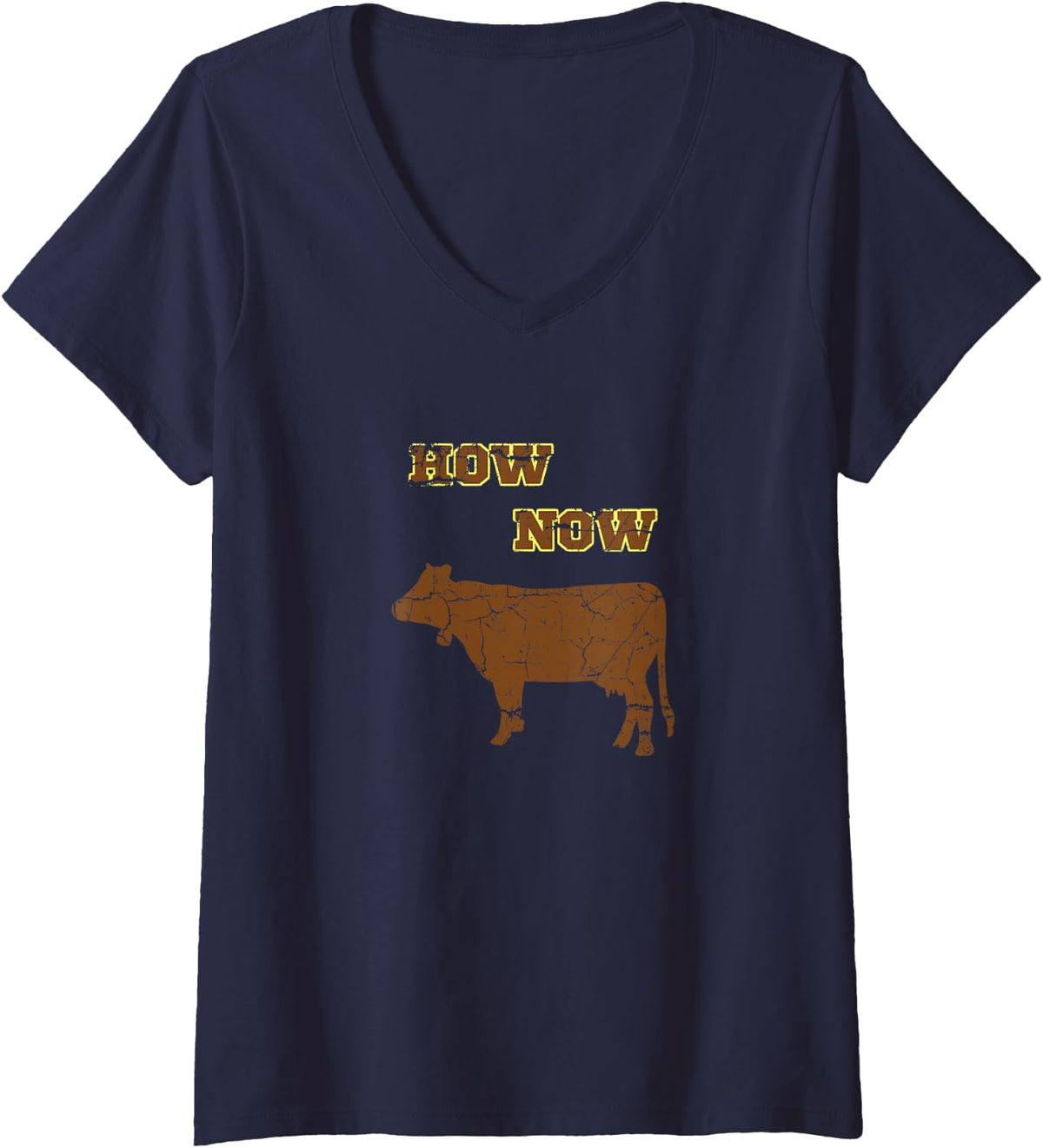 Women's How Now Brown Cow Design Funny Cattle Bovine Silly Pun V-Neck T-Shirt - Navy Blue