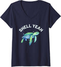 Womens Shell Yeah - Cute Tortoise & Sea Turtle Lover V-Neck T-Shirt - Navy Blue