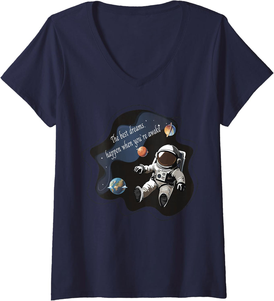 Women's Space Astronaut The Best Dreams Happen When You're Awake V-Neck T-Shirt - Navy Blue
