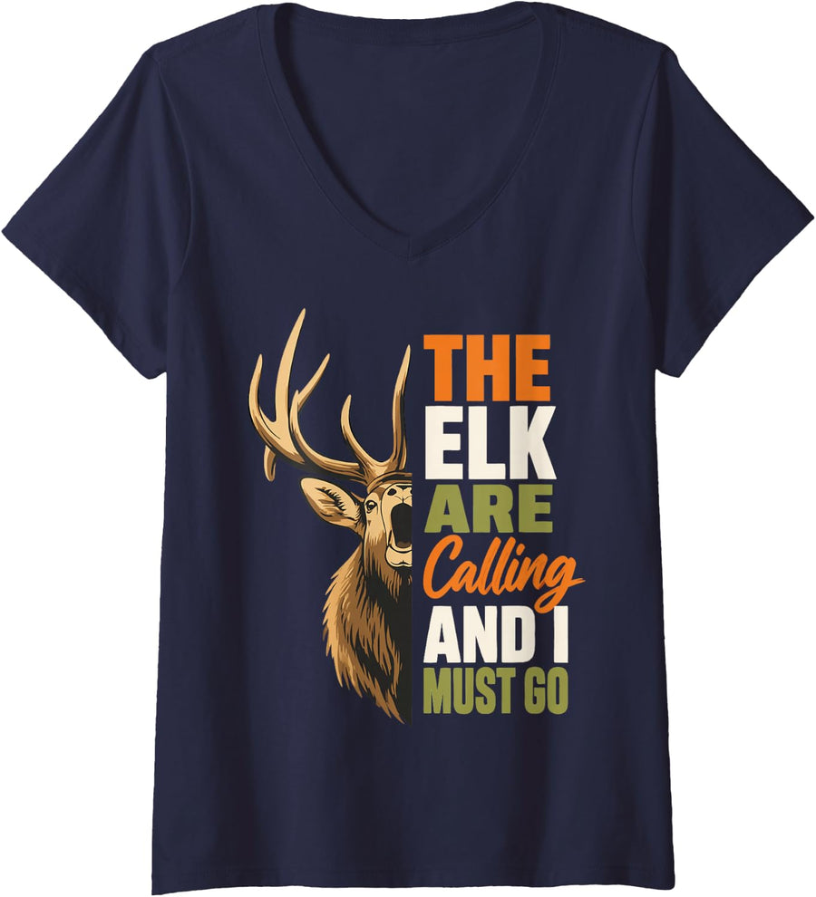 Women's Bull Elk Hunter Season Elk Hunting V-Neck T-Shirt - Navy Blue