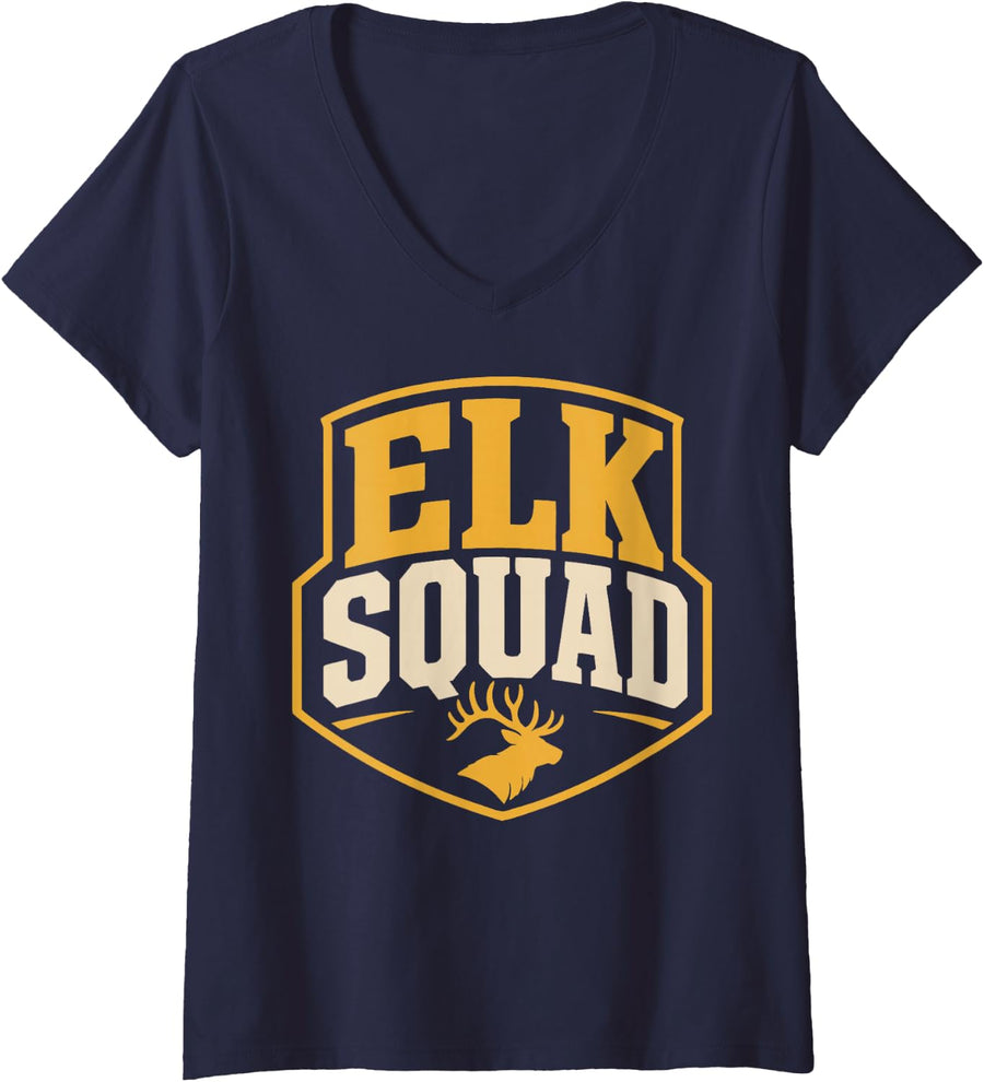 Women's Elk Hunting Group Bull Elk Hunter V-Neck T-Shirt - Navy Blue