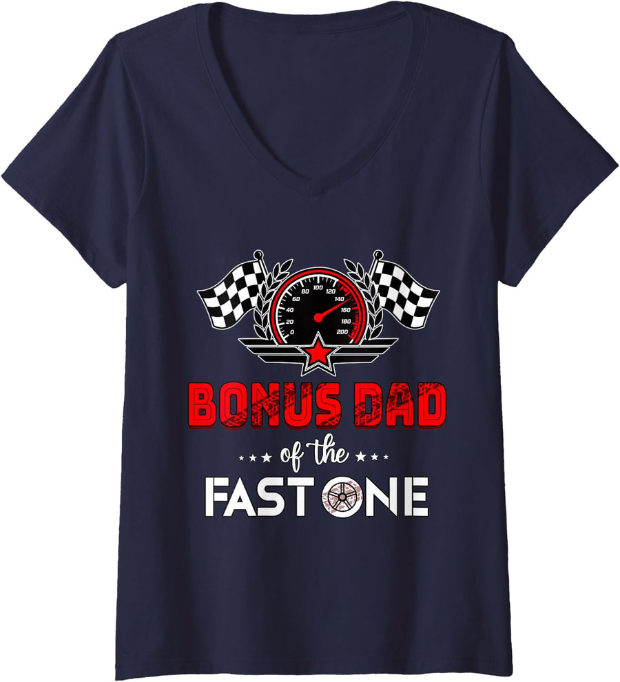 Women's Bonus Dad of The Fast One 1st Birthday Racing Car V-Neck T-Shirt - Navy Blue