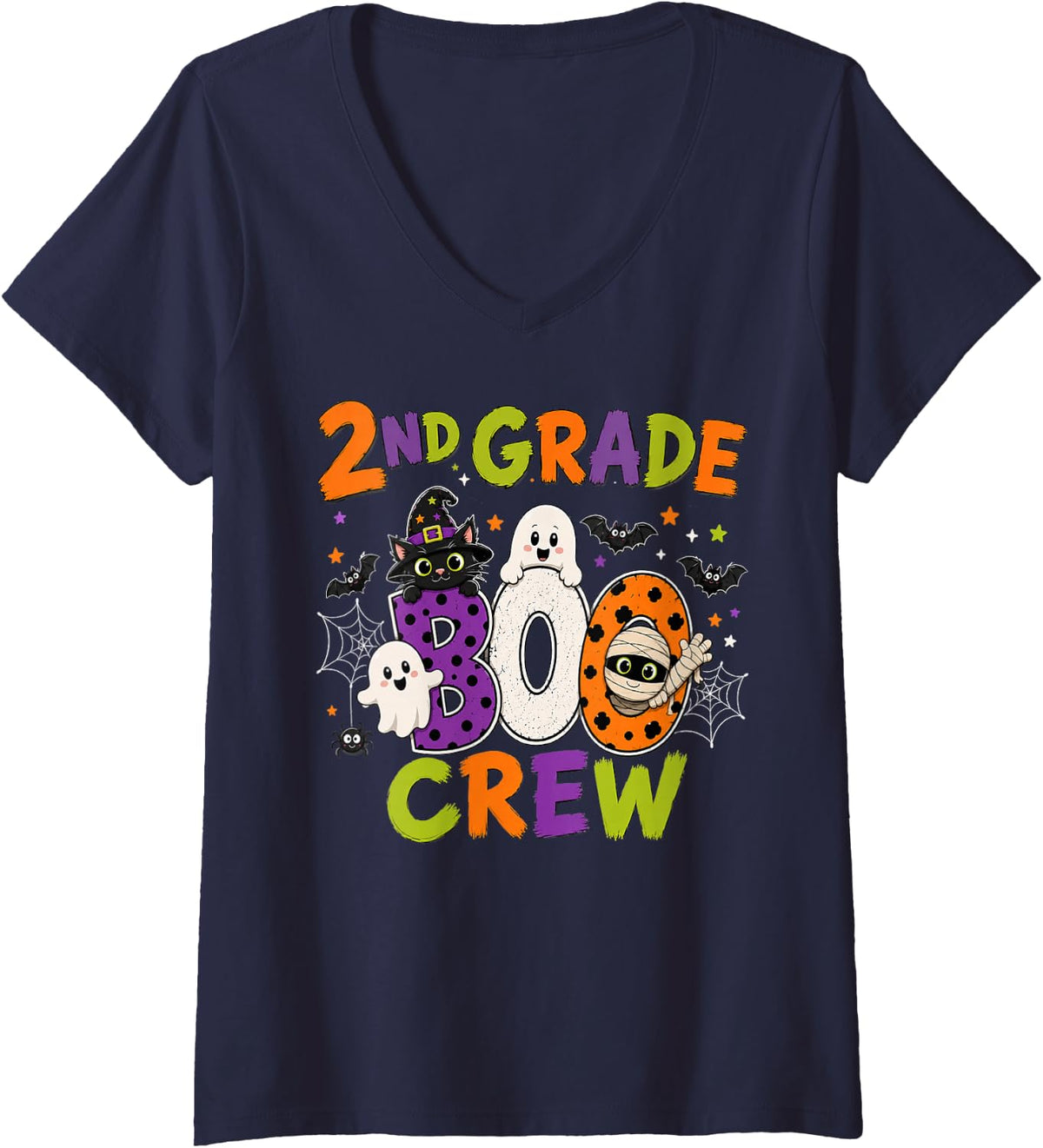 Women's 2nd Grade Boo Crew Student Teacher Ghost Halloween Costume V-Neck T-Shirt - Navy Blue
