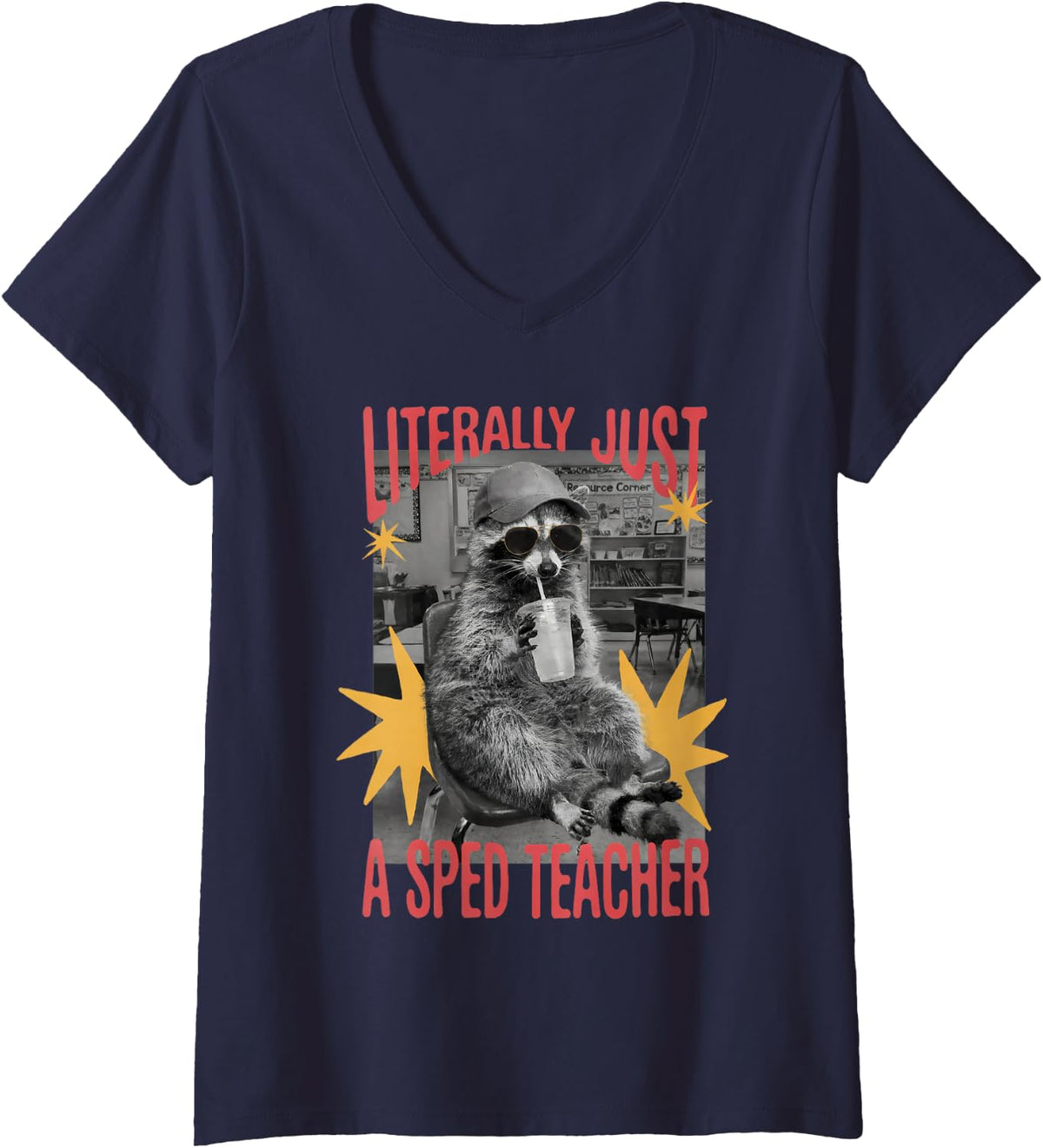 Women's Literally Just A Sped Teacher Raccoon Special Education V-Neck T-Shirt - Navy Blue