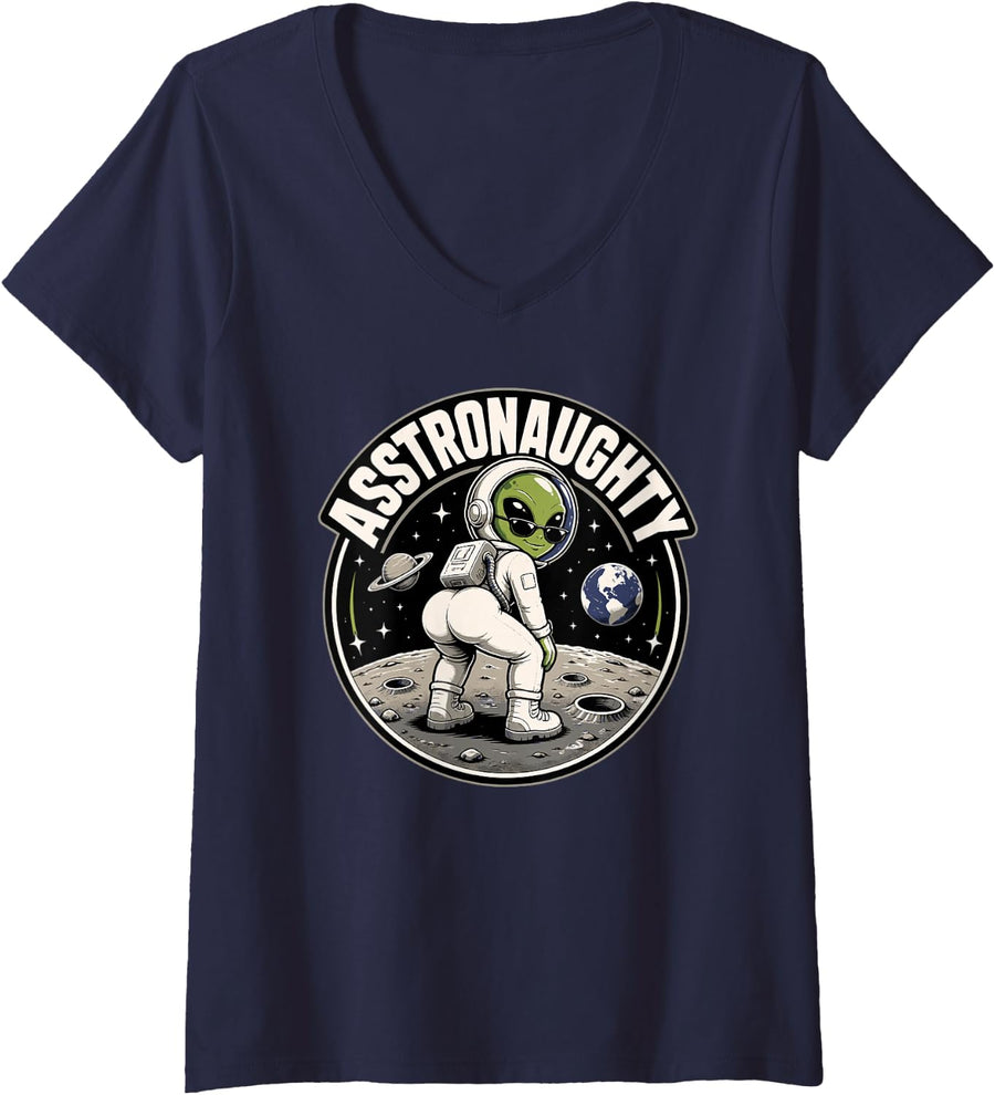 Women's Alien Naughty Astronaut Space Explorer Funny Sci Fi V-Neck T-Shirt - Navy Blue