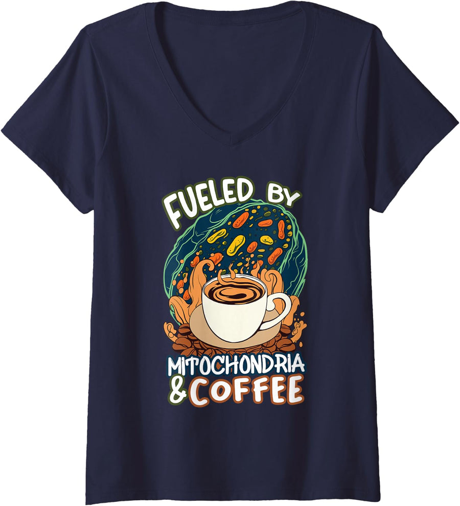 Womens Funny Biology Teacher Science Fueled By Mitochondria Coffee V-Neck T-Shirt - Navy Blue