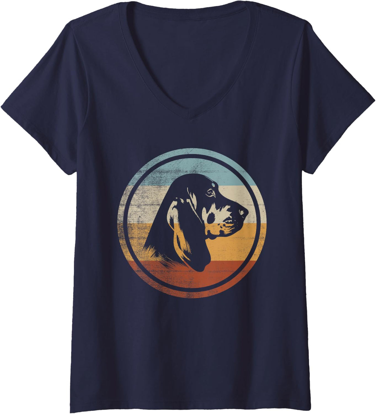 Women's Retro Vintage Design Dog Basset Hound V-Neck T-Shirt - Navy Blue