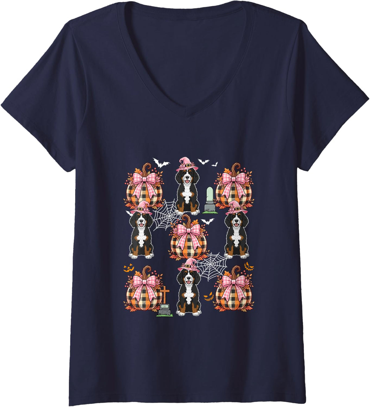 Women's Bernedoodle As Witch Pumpkin Bow Tie Collection Halloween V-Neck T-Shirt - Navy Blue