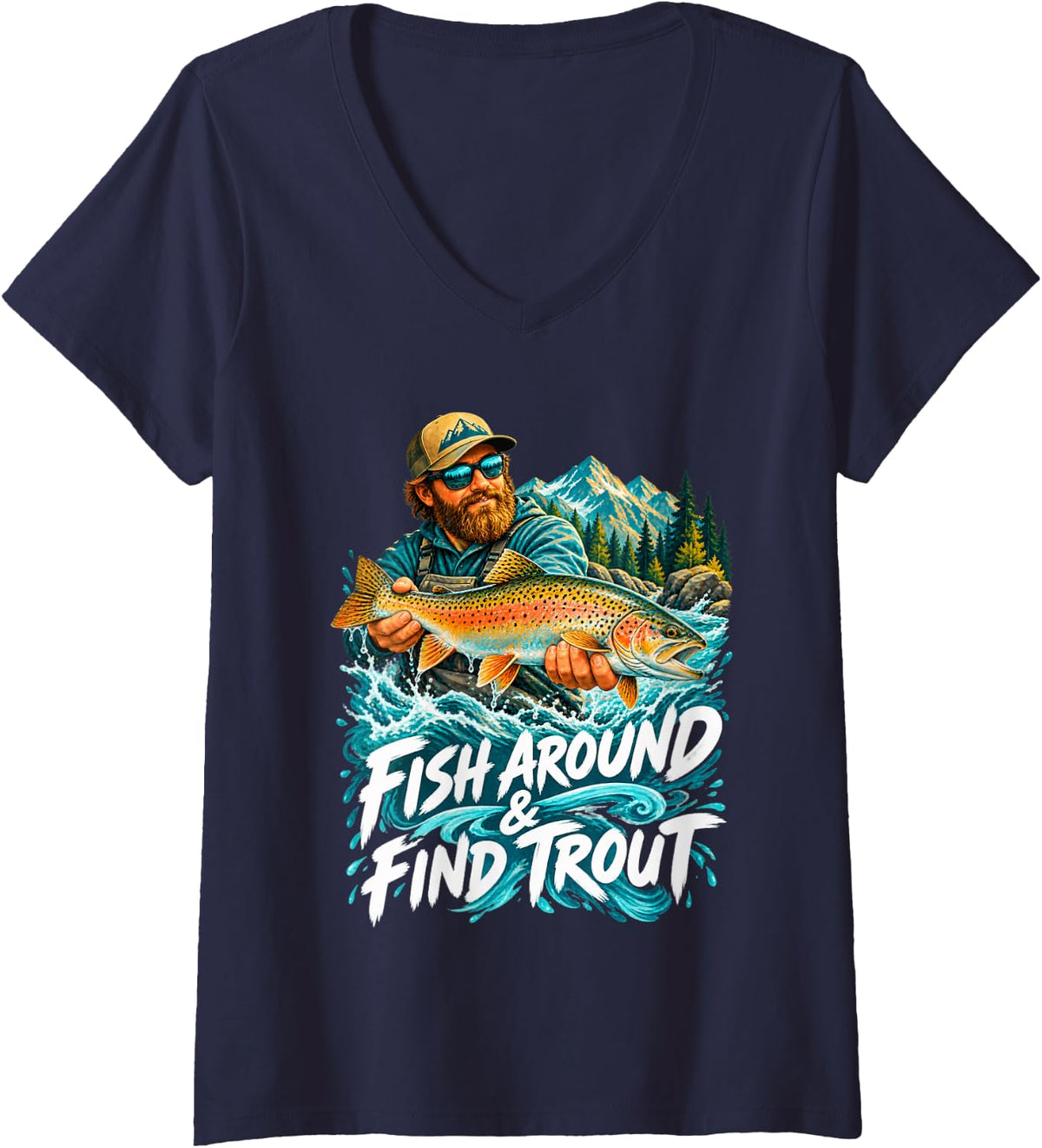 Women's Fish Around & Find Trout Angler Holding Rainbow Trout V-Neck T-Shirt - Navy Blue
