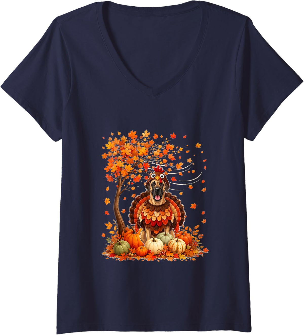 Women's Great Dane Cosplay Turkey Fall Tree Pumpkins Thanksgiving V-Neck T-Shirt - Navy Blue