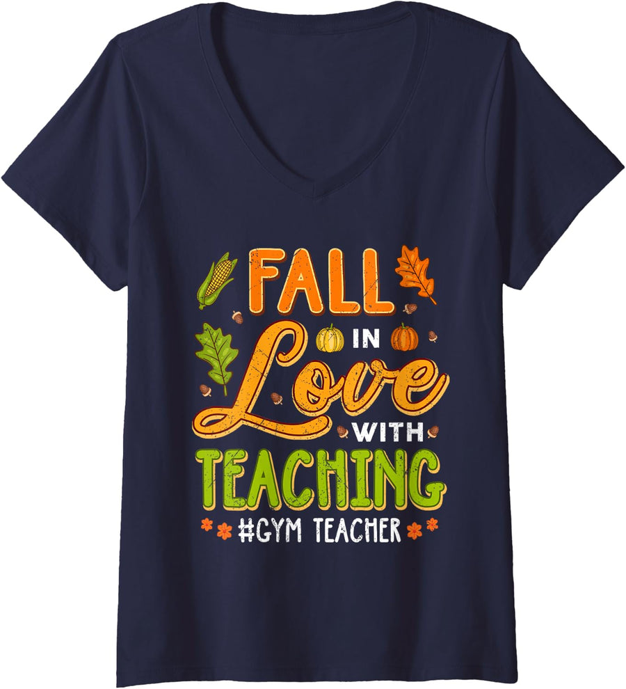 Women's Fall in Love with Teaching Gym Teacher Thanksgiving V-Neck T-Shirt - Navy Blue