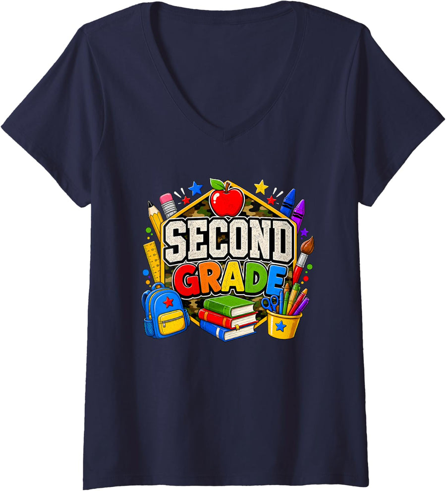 Women's 2nd Grade 1st Day of School V-Neck T-Shirt - Navy Blue