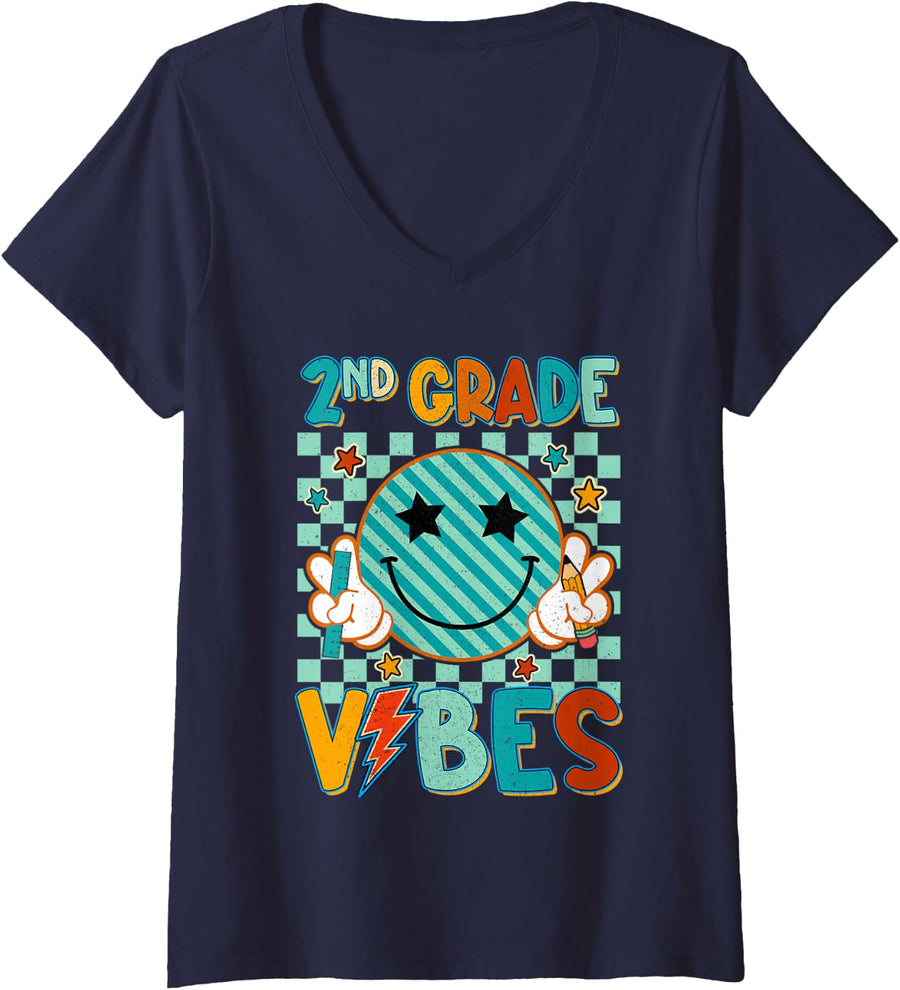 Women's 2nd Grade Vibes Smile Face Back to School Second Grade Vibe V-Neck T-Shirt - Navy Blue