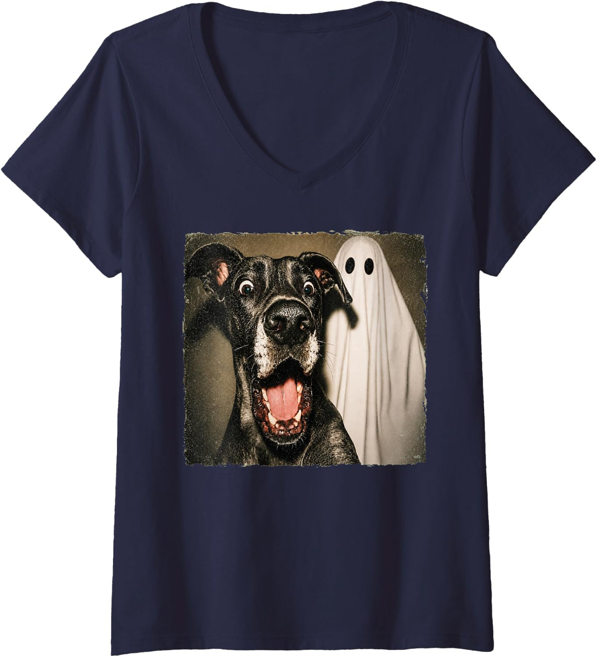 Women's Funny Dog Selfie Great Dane Cute Dog Ghost Halloween Dog V-Neck T-Shirt - Navy Blue