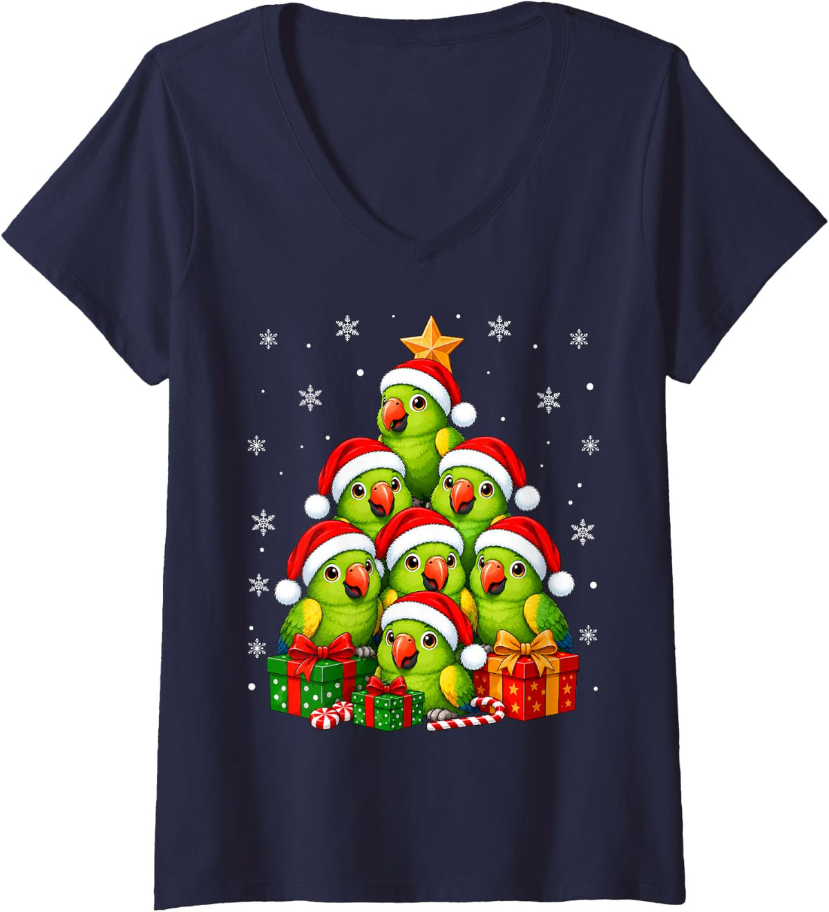 Women's Parrots Christmas Tree Cute Festive Santa Hat Parrot Xmas V-Neck T-Shirt - Navy Blue