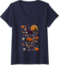 Women's Three Cute Bernedoodles Cosplay Witch Skeleton Halloween V-Neck T-Shirt - Navy Blue