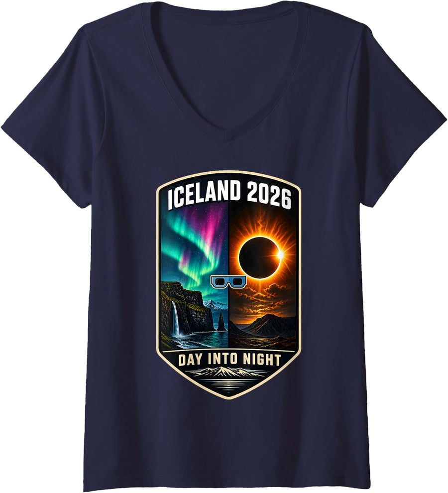 Women's Iceland Day Night Total Solar Eclipse 2026 V-Neck T-Shirt - Navy Blue