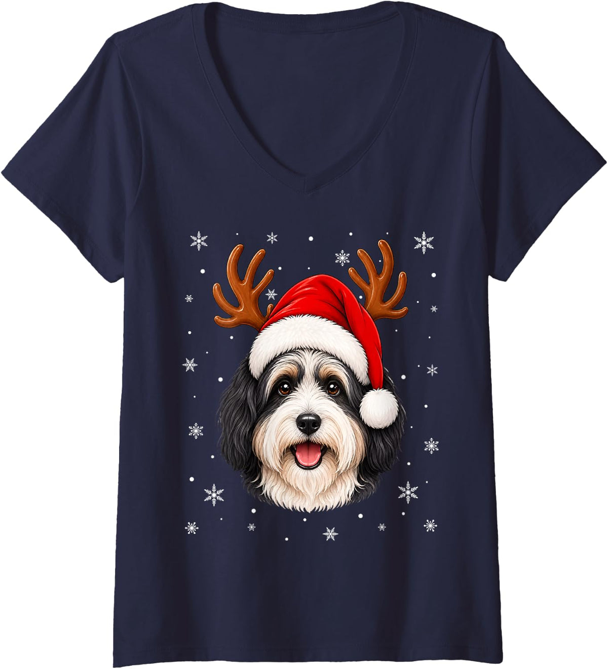 Women's Cute Reindeer Horn Santa Havanese Dog Christmas V-Neck T-Shirt - Navy Blue