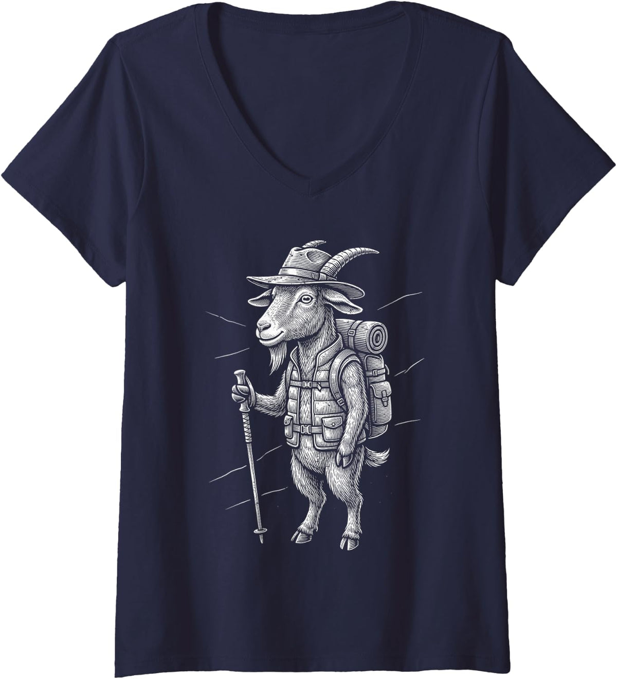 Women's Mountain Hiking Funny Goat Trail Trek Vintage Engraving V-Neck T-Shirt - Navy Blue