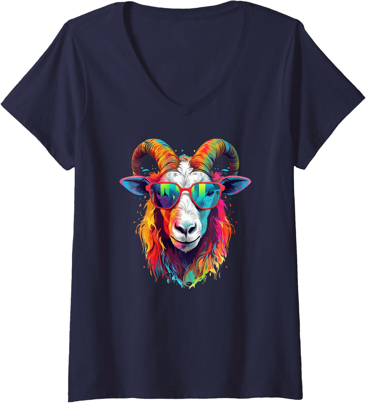 Women's Dripping Psychedelic Goat Trippy Splatter V-Neck T-Shirt - Navy Blue
