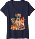 Women's Great Dane Dog Fall Leaves Pumpkins Books and Autumns V-Neck T-Shirt - Navy Blue