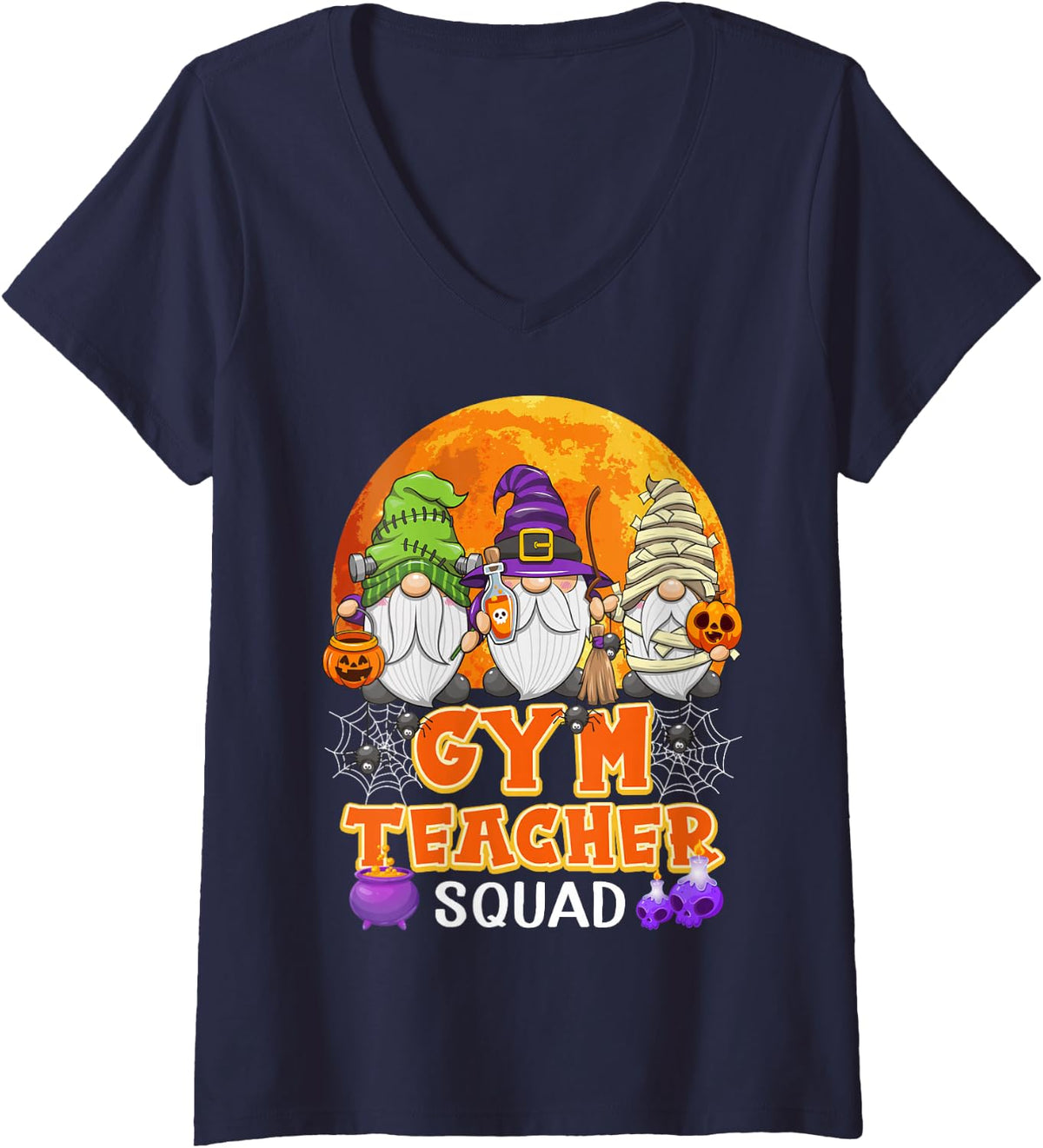 Women's Gym Teacher Squad Halloween PE Teacher Gnome Matching V-Neck T-Shirt - Navy Blue