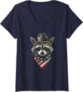 Women's Funny Trash Panda Raccoon Cowboy Western Patriotic USA Flag V-Neck T-Shirt - Navy Blue