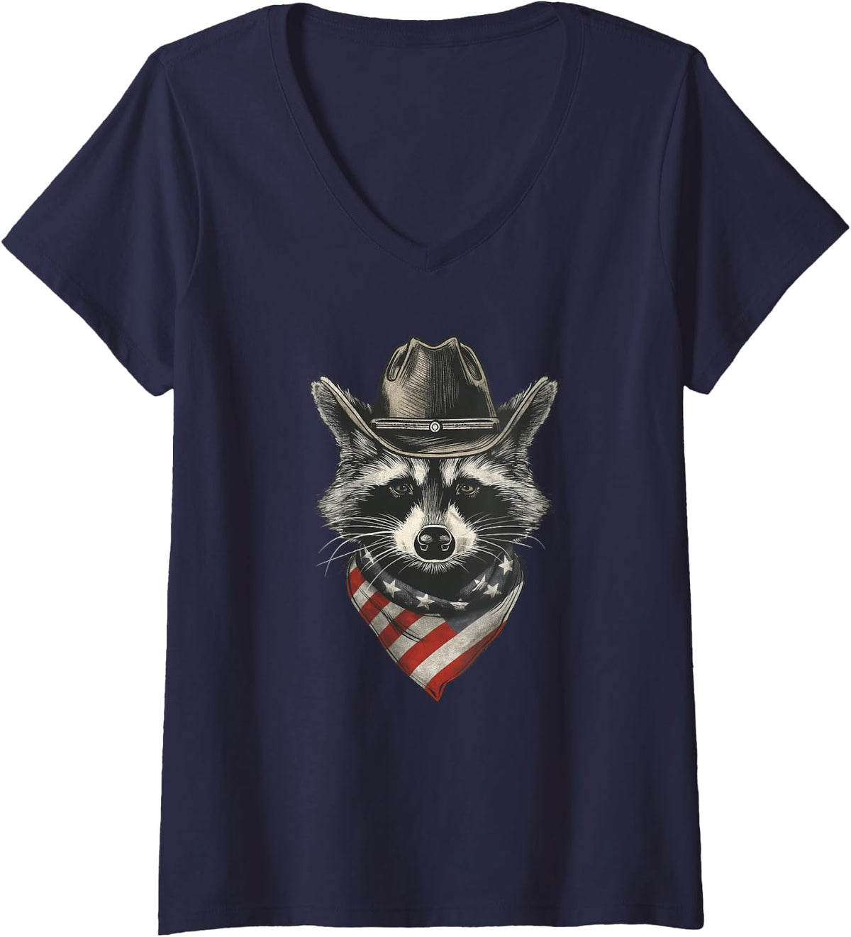 Women's Funny Trash Panda Raccoon Cowboy Western Patriotic USA Flag V-Neck T-Shirt - Navy Blue