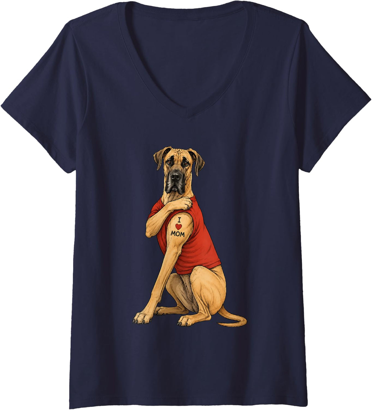 Women's I Love Mom Great Dane Dog Tattoo Mom V-Neck T-Shirt - Navy Blue