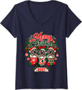 Women's Merry Christmas 2027 Happy Great Dane in Stockings V-Neck T-Shirt - Navy Blue