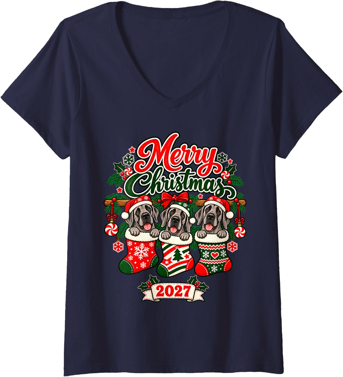 Women's Merry Christmas 2027 Happy Great Dane in Stockings V-Neck T-Shirt - Navy Blue