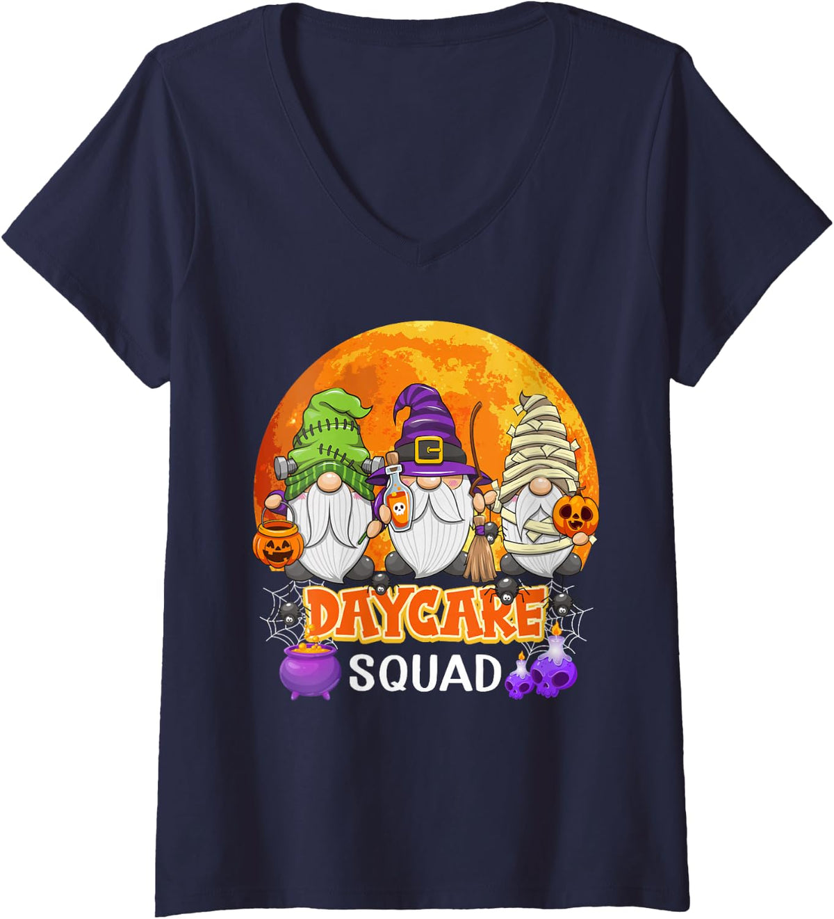 Women's Daycare Squad Halloween Daycare Provider Gnome Matching V-Neck T-Shirt - Navy Blue