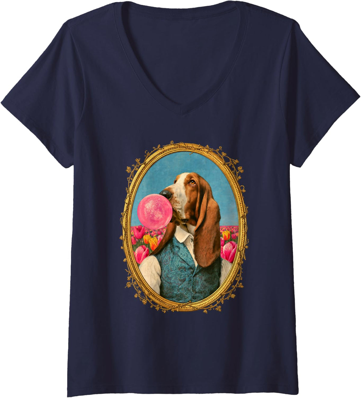 Women's Basset Hound Blowing Bubble Gum Funny Vintage Dog Portrait V-Neck T-Shirt - Navy Blue
