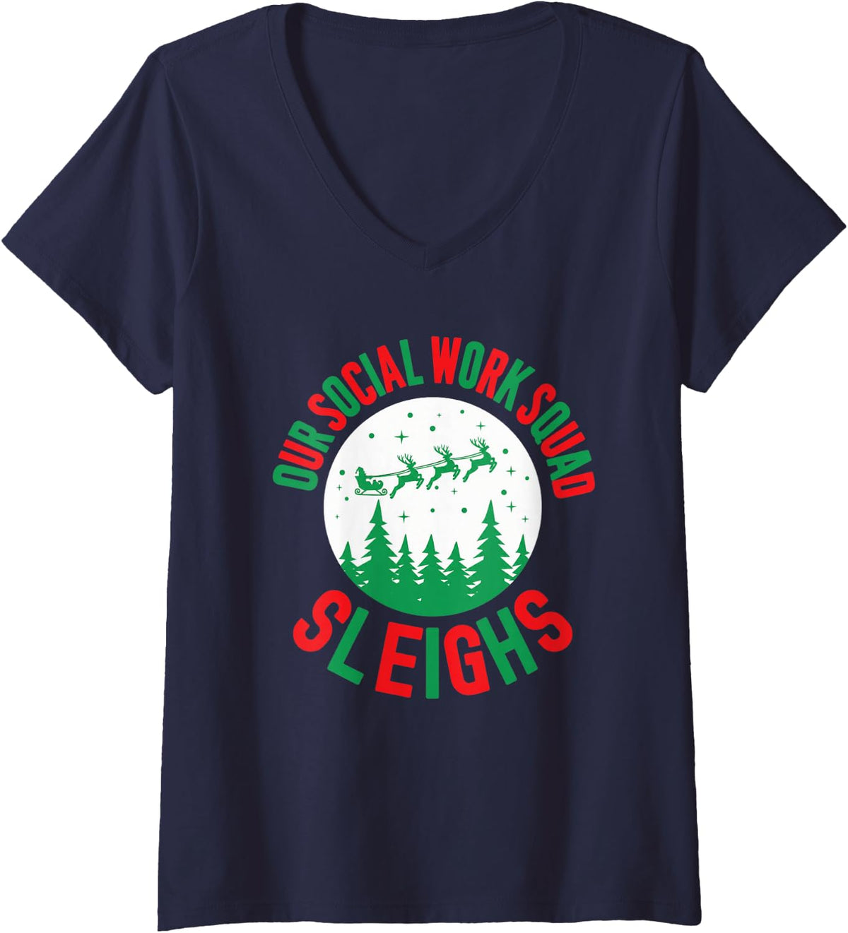 Women's Our Social Work Squad Sleighs Christmas Coworker Funny V-Neck T-Shirt - Navy Blue