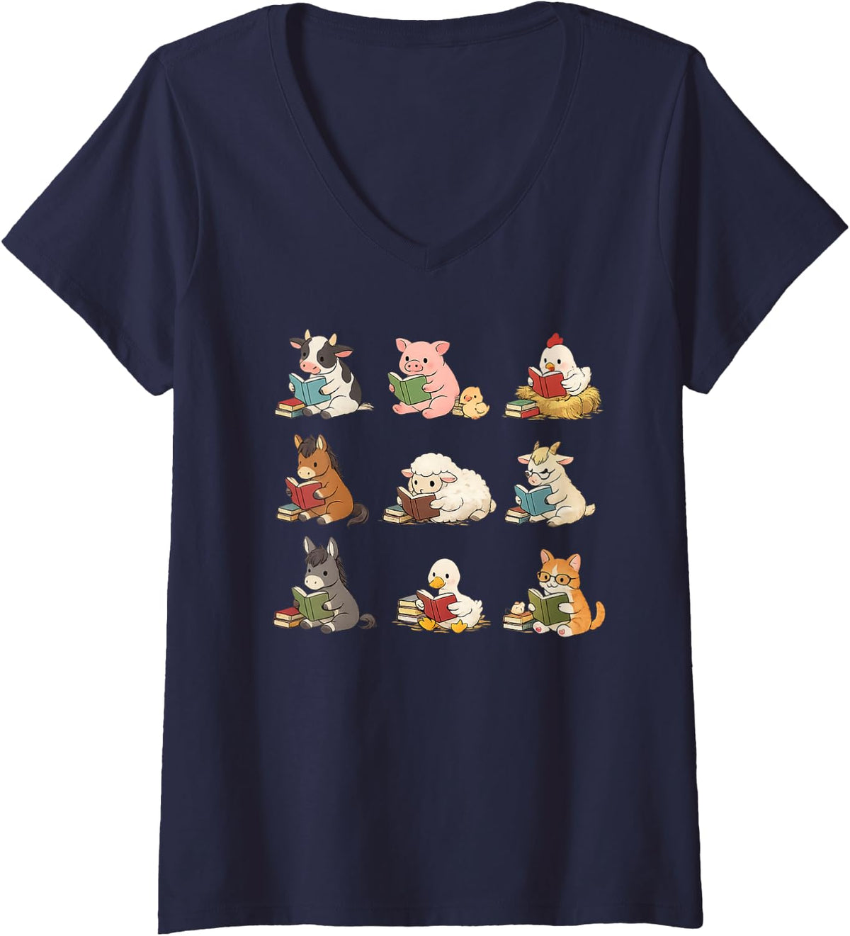 Women's Cute Farm Animals Reading Books Book Lover V-Neck T-Shirt - Navy Blue