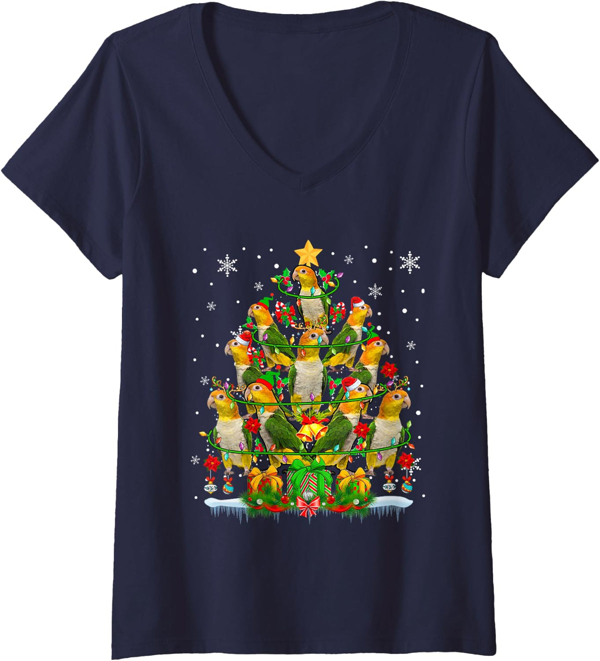 Women's Santa Reindeer Elf Caique Parrots Christmas Tree Bird Lover V-Neck T-Shirt - Navy Blue