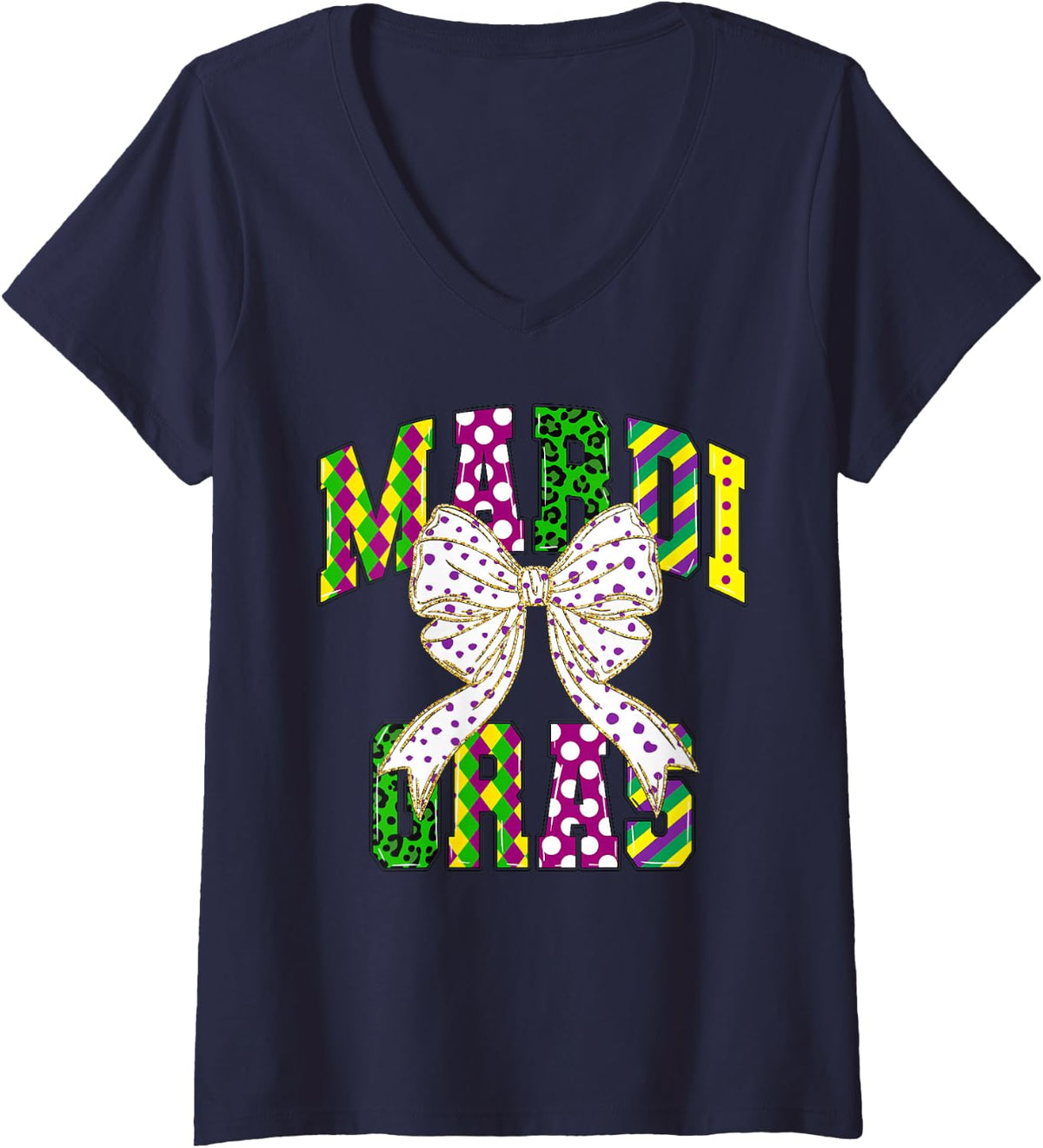 Women's Coquette Bow Mardi Gras New Orleans Louisiana Girl Women V-Neck T-Shirt - Navy Blue