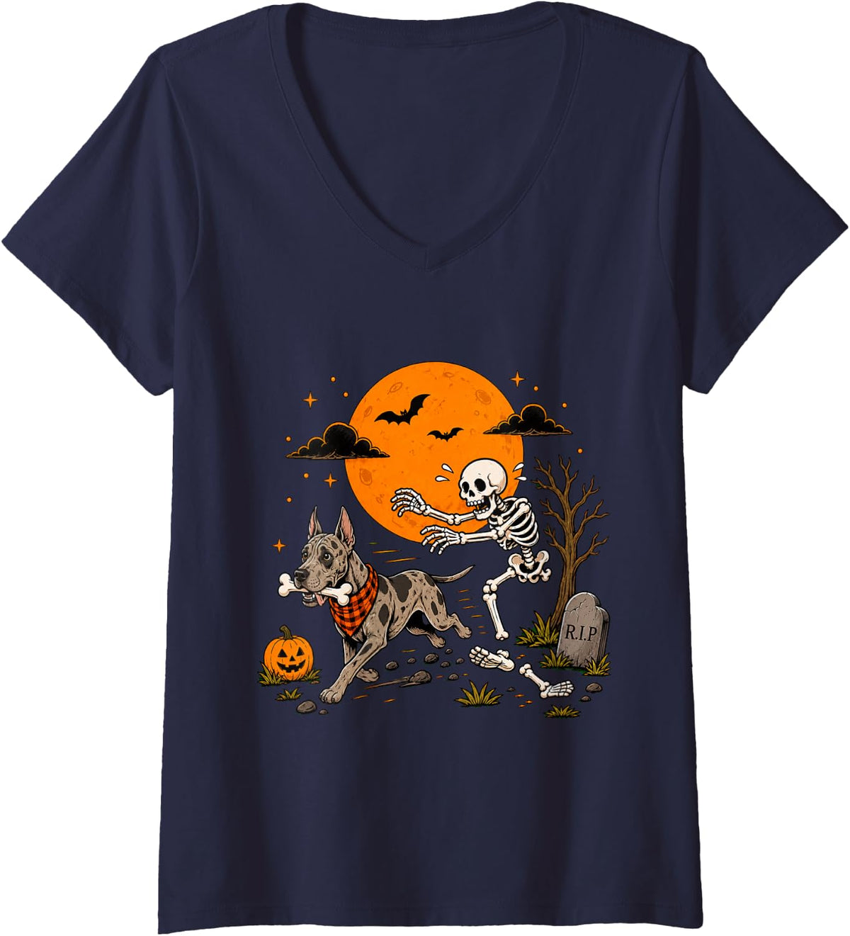 Women's Halloween Dog Skeleton Funny Great Dane Men Women V-Neck T-Shirt - Navy Blue