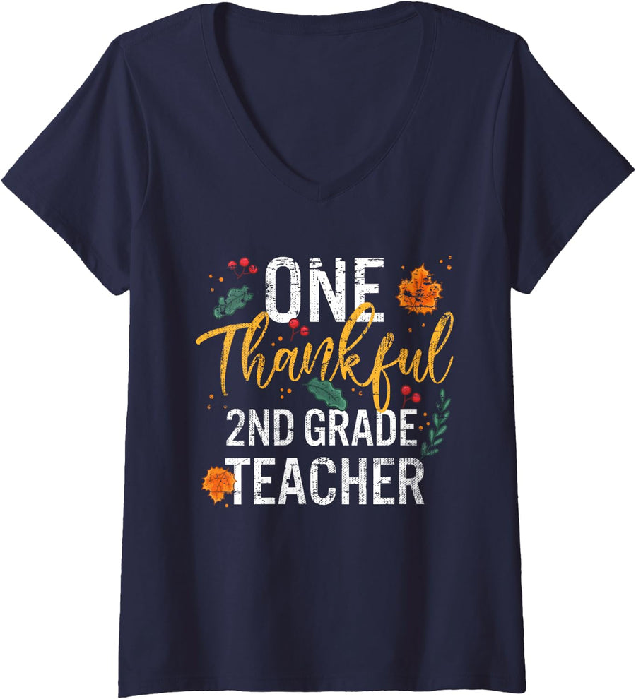 Women's One Thankful 2nd Grade Teacher Thanksgiving Vintage V-Neck T-Shirt - Navy Blue