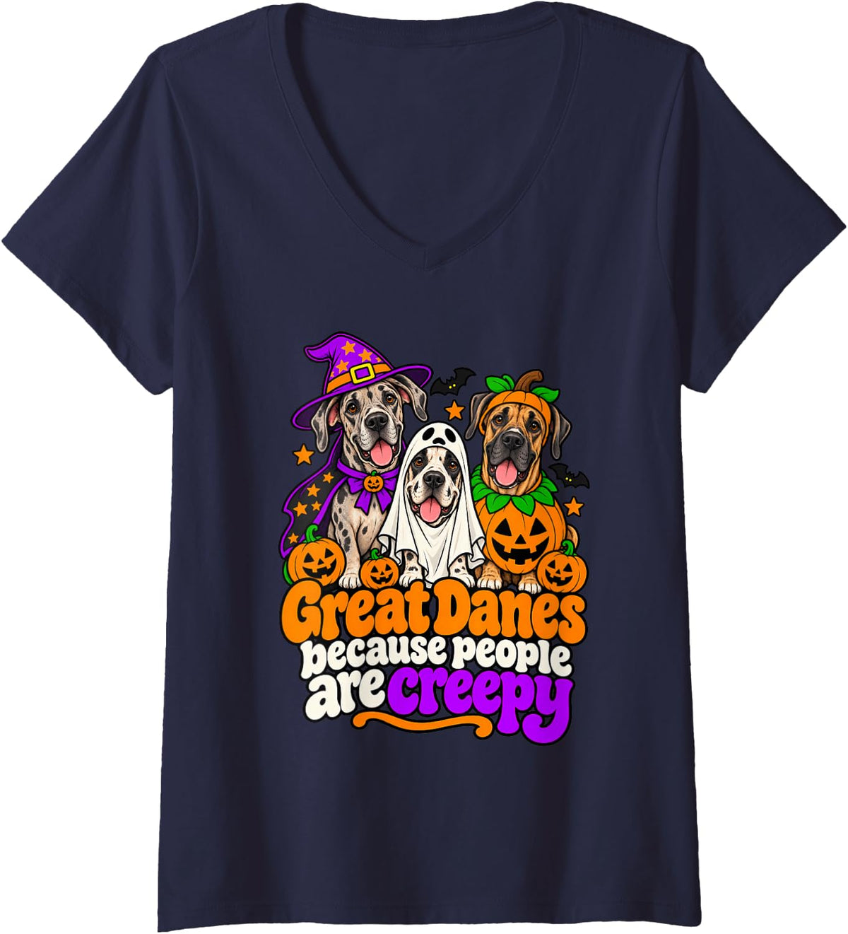Women's Great Danes Because People are Creepy Dogs Halloween V-Neck T-Shirt - Navy Blue