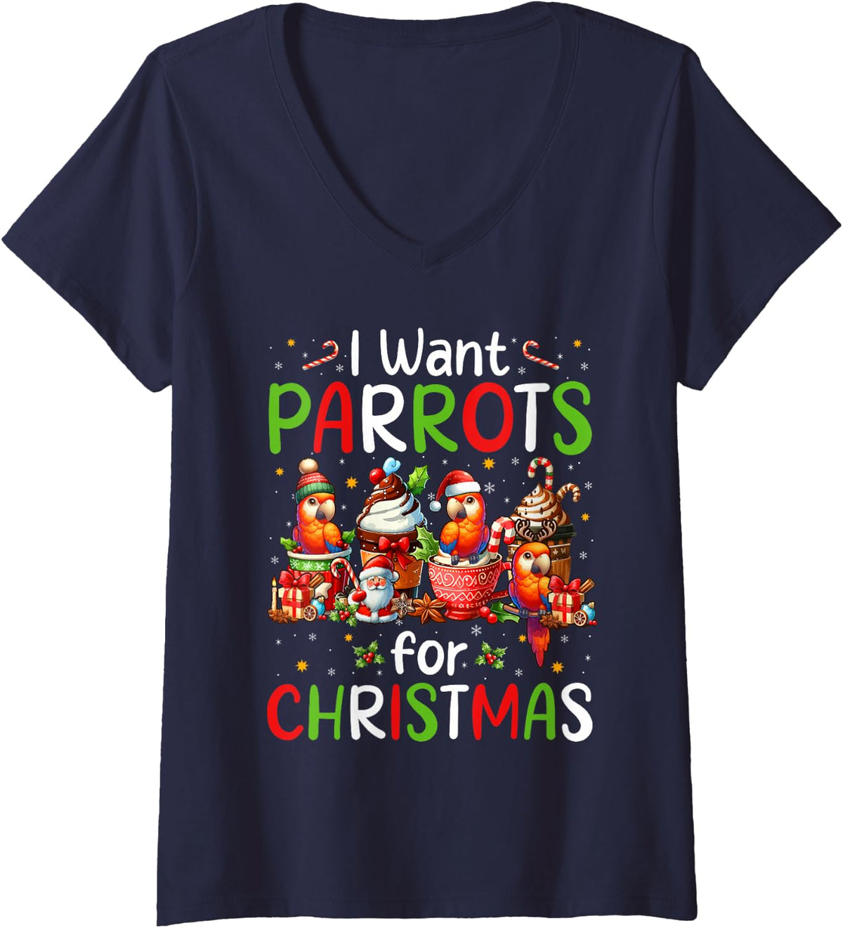 Women's I Want Parrots for Christmas Coffee Cups Bird Lover Kids V-Neck T-Shirt - Navy Blue