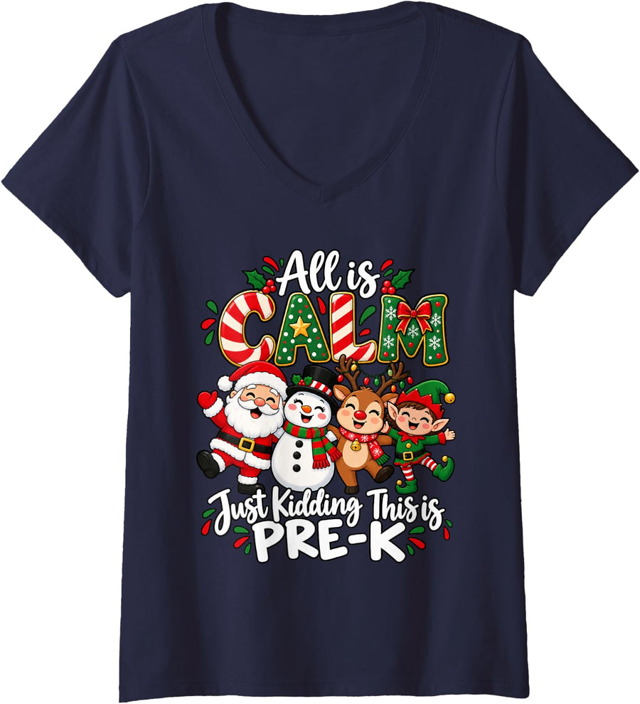 Women's Pre-K Christmas Party - Kindergarten & Preschool Teacher V-Neck T-Shirt - Navy Blue