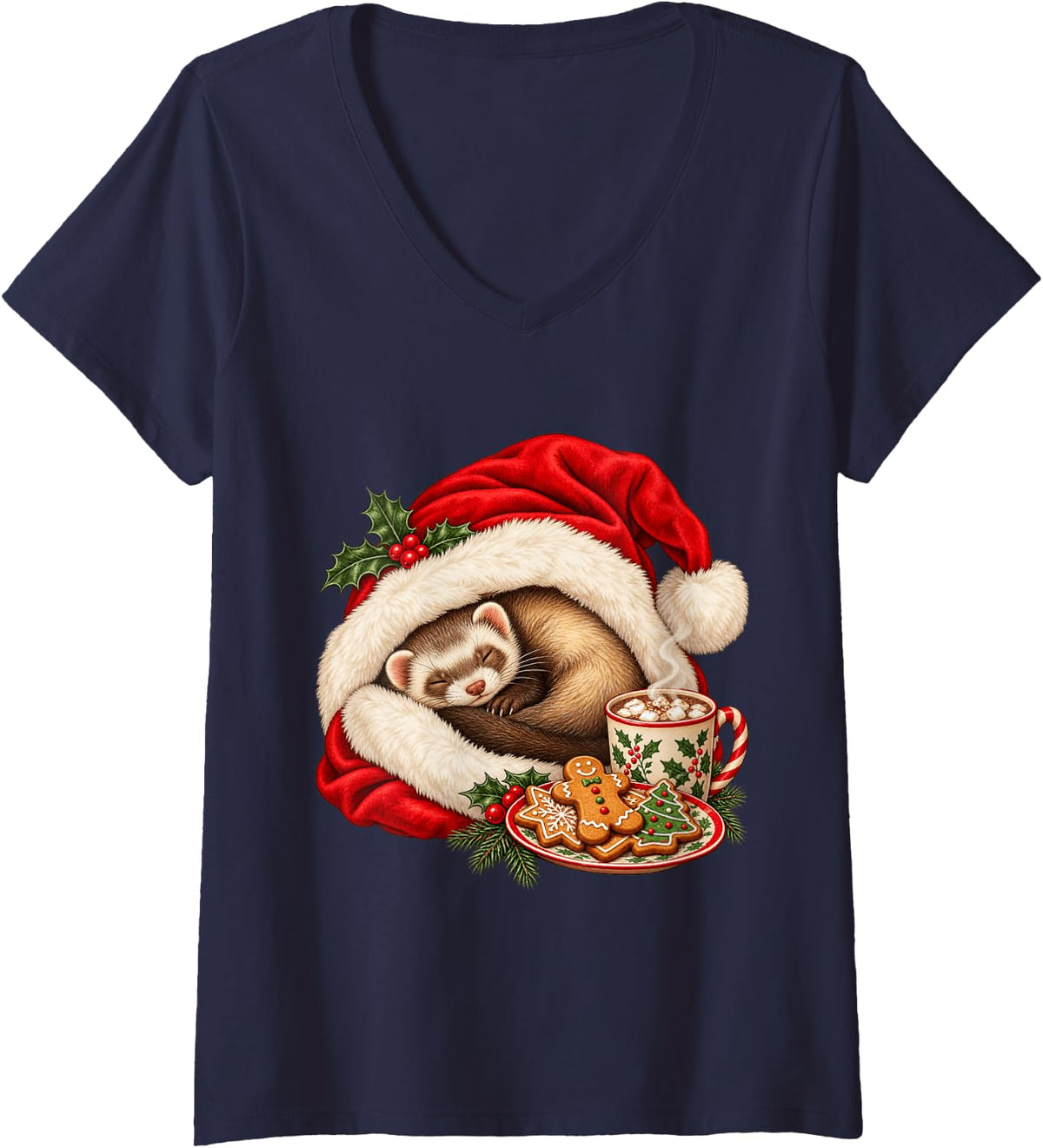 Women's Cute Sleeping Ferret Christmas Santa Hat Cozy Holiday V-Neck T-Shirt - Navy Blue