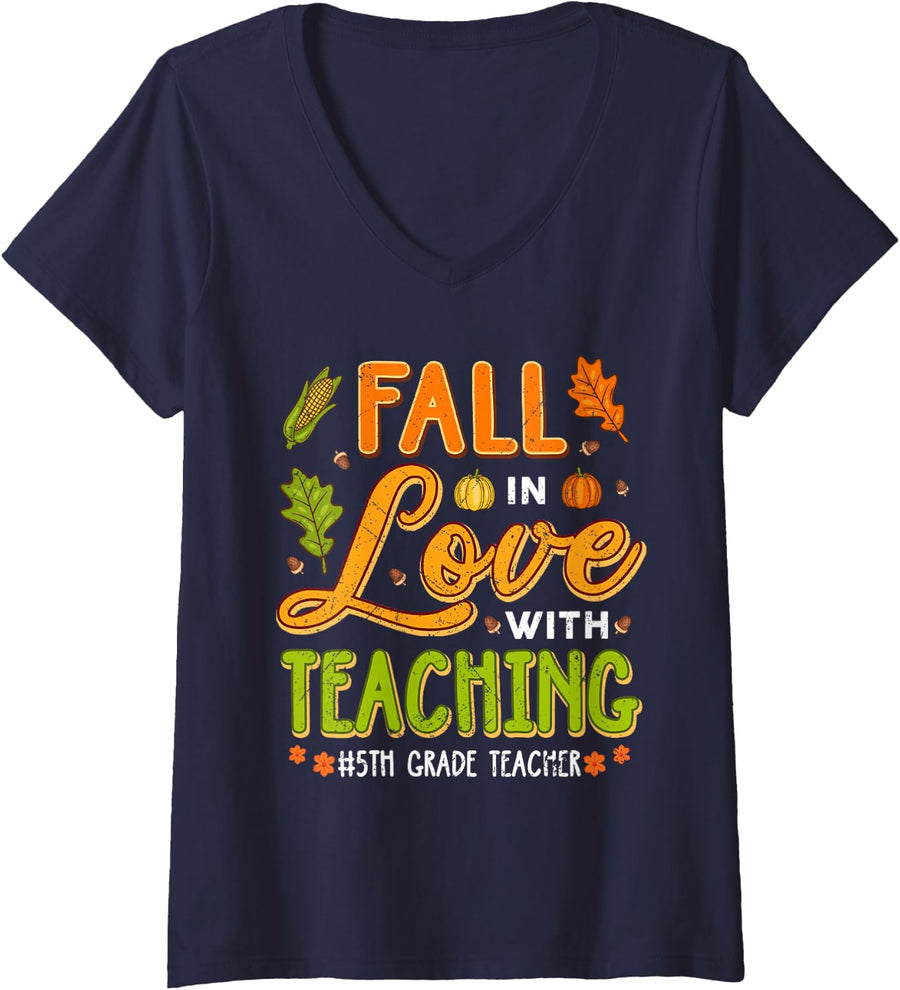 Women's Fall in Love with Teaching 5th Grade Teacher Thanksgiving V-Neck T-Shirt - Navy Blue