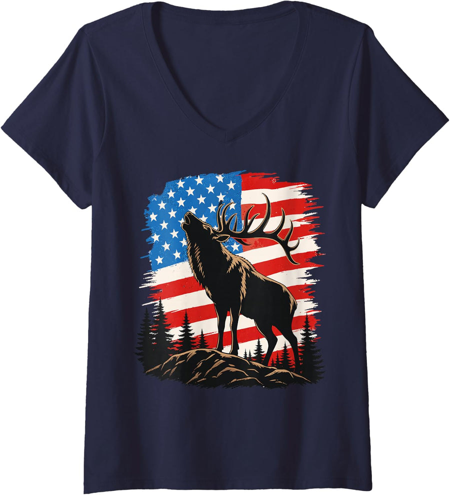 Women's USA Elk Hunting Bull Elk Hunter American V-Neck T-Shirt - Navy Blue