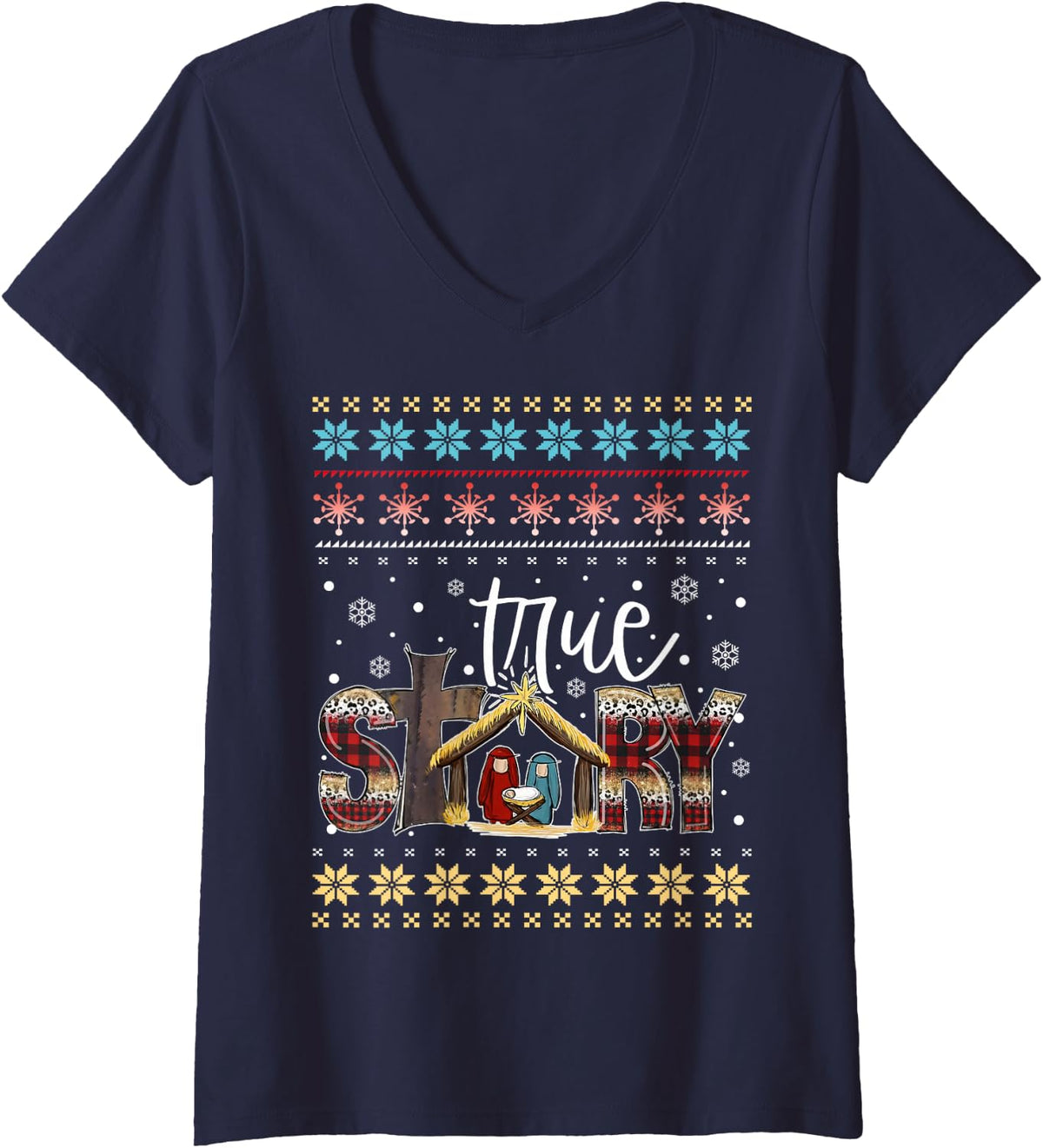 Women's Christmas True Story Nativity Jesus Christian Ugly Sweater V-Neck T-Shirt - Navy Blue