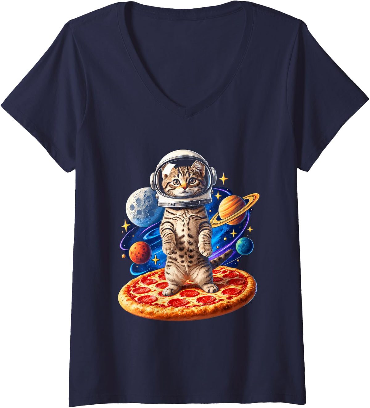 Women's Astronaut Cat Riding Pizza Through Space V-Neck T-Shirt - Navy Blue
